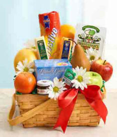 Gift Basket Fillied With Flowes, Fruit, Snacks