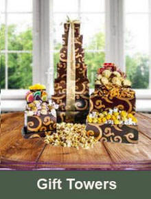 Gift towers stacked with gourmet treats