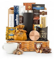A full sized bag of Lavazza Italian roast coffee is joined by a collection of imported almond biscotti, perfect coffee companions and a copper lidded stainless steel travel mug, vacuum insulated to enjoy Italy's favorite coffee on the go. It's the perfect gift for friends, family, coffee lovers and colleagues.